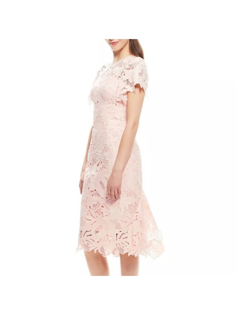 LELA ROSE~LEAF GUIPURE LACE RUFFLE SKIRT DRESS~MIDI~BLUSH~SZ 12~EUC - Picture 3 of 9